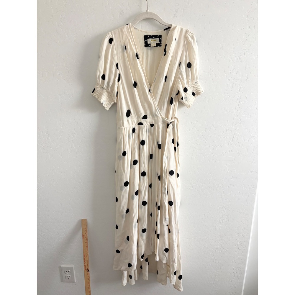 Maeve Anthropologie Breanna Polka Dot Dress Cream Black Size 8 High Low Midi - Picture 2 of 8